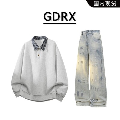 GDRX美式拼接翻领男士卫衣套装2026春季新款痞帅休闲牛仔裤两件套
