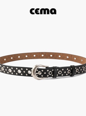 CEMA进口头层牛皮铆钉复古设计感免打孔朋克小众配牛仔裤真皮腰带