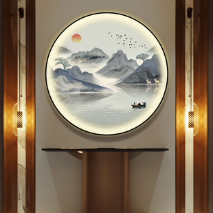新中式山水风景装饰画一帆风顺玄关挂画带灯光圆形有框画现代简约