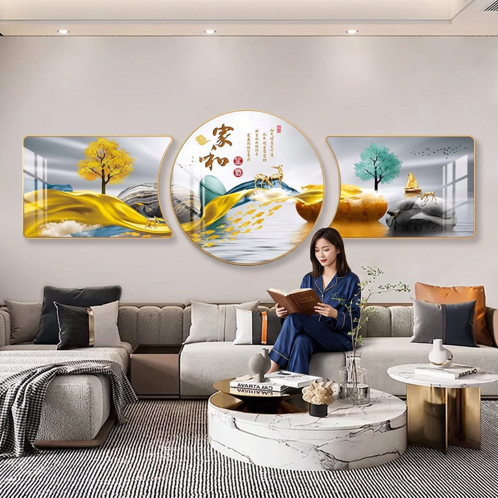客厅装饰画新款高级壁画现代轻奢大气三联画寓意好沙发背景墙挂画