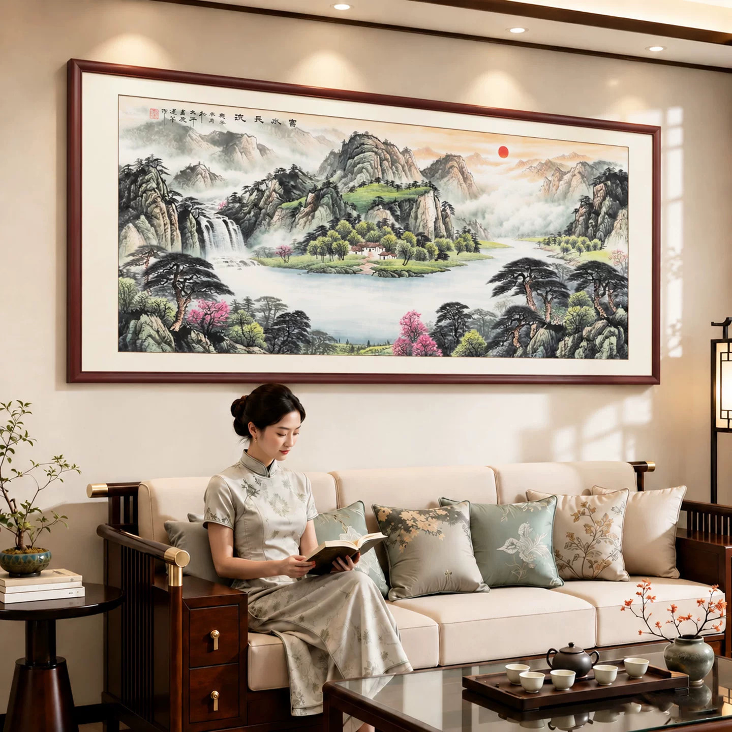 聚宝盆旭日东升办公室字画沙发靠山宣纸锦缎山水风景客厅挂画国画