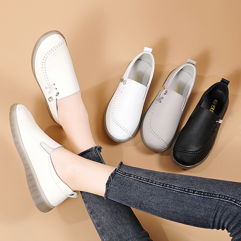 欧洲站女鞋真皮牛筋底妈妈鞋一脚蹬豆豆鞋老北京布鞋女春季软底软
