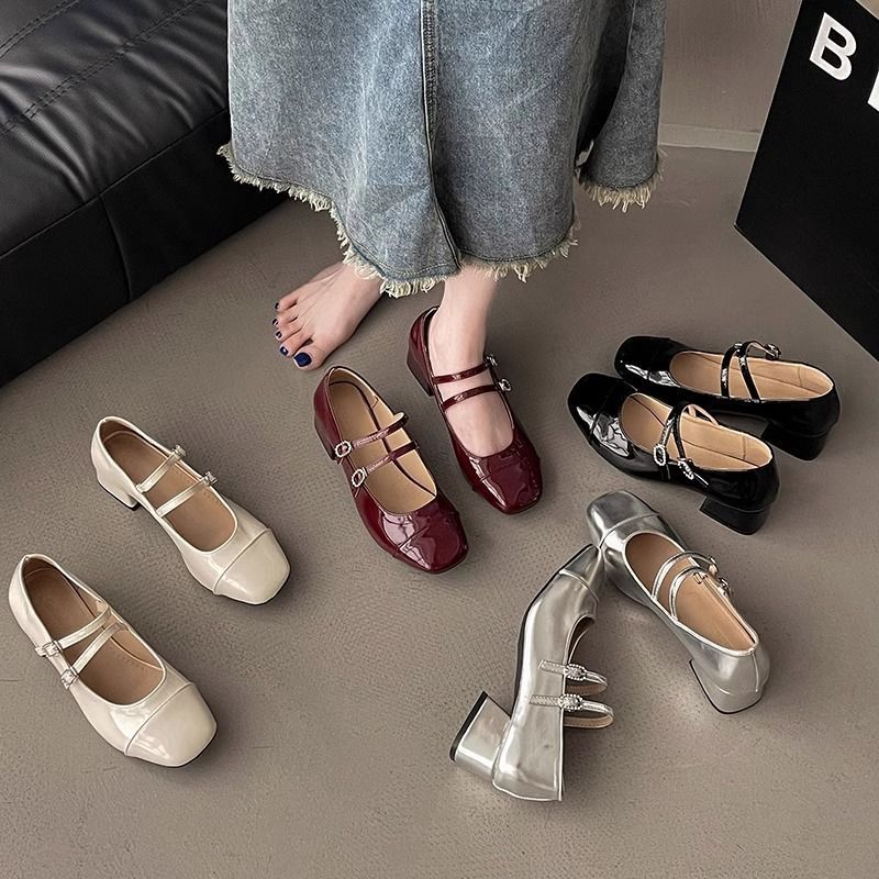 银色玛丽珍法式复古2024春季新款百搭方头浅口粗中跟英伦风小皮鞋