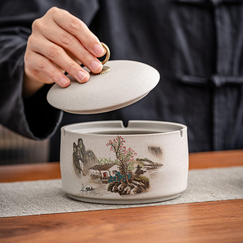 柿柿如意陶瓷烟灰缸家用客厅防灰飞创意个性潮流带盖ins风高级感