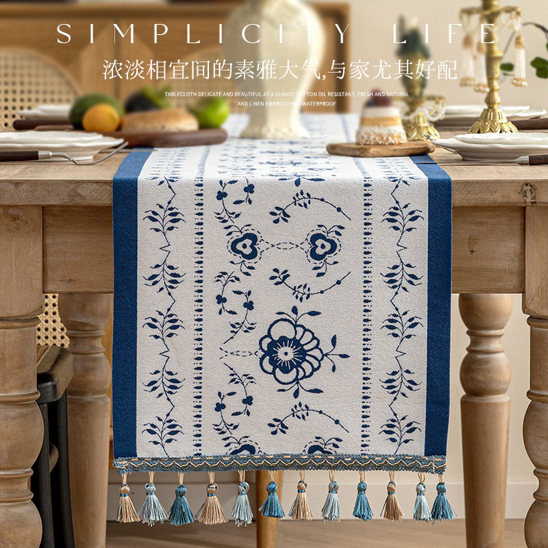 桌旗美式田园风轻奢色织提花茶几餐桌布长条电视柜鞋柜布艺盖布巾