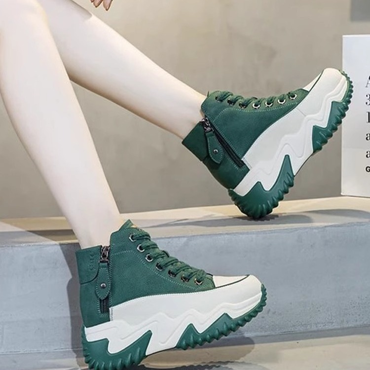 真皮内增高老爹鞋女小个子软底休闲高帮运动鞋厚底短靴子春秋单靴