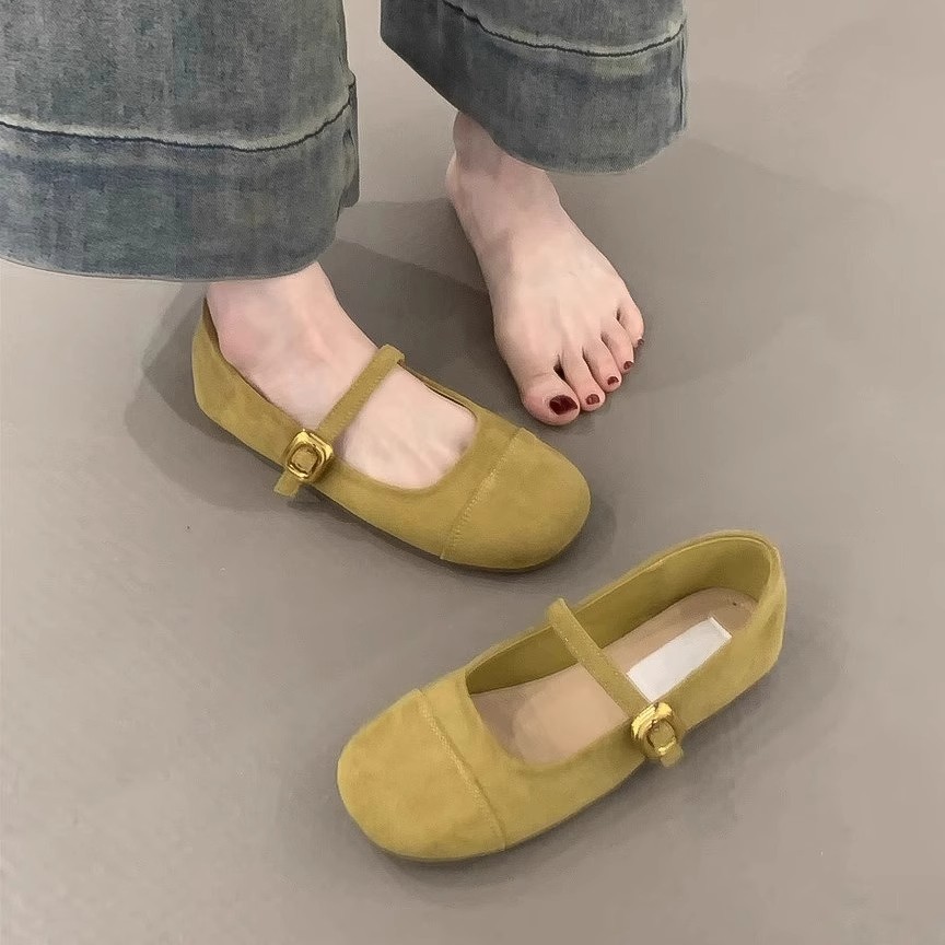 浅口红色单鞋女2025春新款一字带仙女温柔绒面玛丽珍鞋平底豆豆鞋