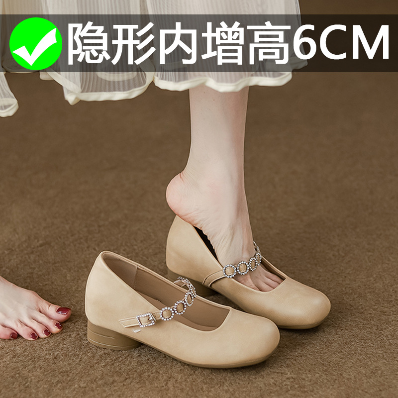 真皮内增高小个子玛丽珍女水钻粗跟配裙子一字带单鞋奶奶鞋高跟鞋