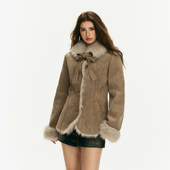 美式 小个子 辣妹复古保暖蝴蝶结撞色收腰皮毛一体外套女2026年新款