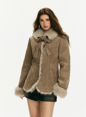 美式辣妹复古保暖蝴蝶结撞色收腰皮毛一体外套女2025年新款小个子