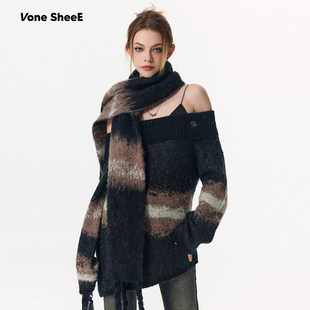 Vone 10%羊驼毛高级感气质慵懒风晕染翻领软糯一字肩毛衣女 SheeE