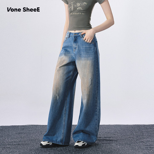 脏脏裤/牛仔很忙Vone SheeE 复古水洗牛仔裤女夏天宽松辣妹阔腿裤
