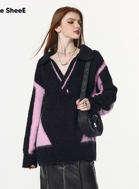 Vone SheeE 拉毛工艺慵懒风加厚拼接黑粉撞色V领polo毛衣女早秋冬