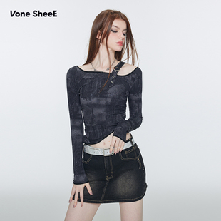 t恤女夏修身 Vone 复古辣妹一字肩上衣印花长袖 初秋美式 显瘦 SheeE