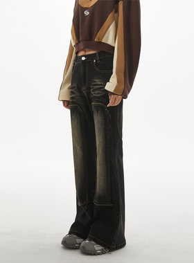 Vone SheeE早秋美式复古水洗拼接窄版阔腿牛仔裤黑色微喇叭长裤女