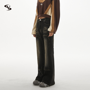 黑色微喇叭长裤 Vone 阔腿牛仔裤 复古水洗拼接窄版 女 SheeE早秋美式