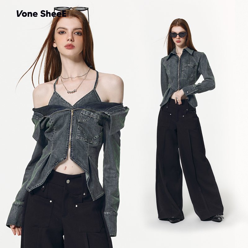 Vone SheeE春夏设计甜酷辣妹内搭衬衣高腰开叉显瘦牛仔衬衫女上衣
