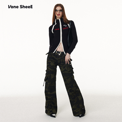 Vone sheeE早秋机车字母刺绣修身毛织开衫半高领独特别致小上衣女
