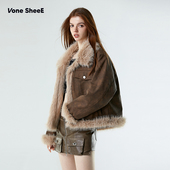 Vone 皮毛一体 皮草机车服女式 SheeE美式 复古毛毛短外套冬2026新款