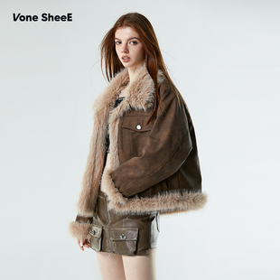 皮草机车服女式 复古毛毛短外套冬2025新款 皮毛一体 SheeE美式 Vone