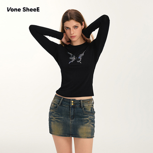 辣妹上衣晕染蝴蝶印花长袖 Vone 复古修身 美式 t恤女早秋穿搭 SheeE