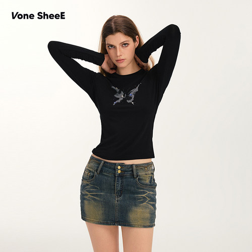 Vone SheeE 美式复古修身辣妹上衣晕染蝴蝶印花长袖t恤女早秋穿搭