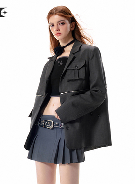 Vone SheeE 早秋三穿可变套装设计感可拆卸黑灰色格纹西装外套女