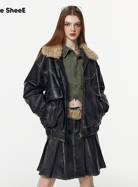 Vone SheeE 辣妹可拆卸毛领擦色皮设计感夹棉加厚pu皮棉衣外套女