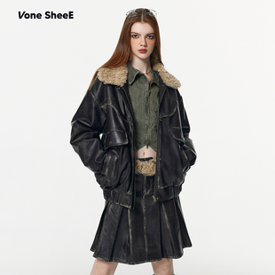 Vone 辣妹可拆卸毛领擦色皮设计感夹棉加厚pu皮棉衣外套女 SheeE