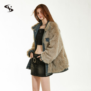 Vone 复古辣妹毛毛上衣2025早秋冬两面穿加厚牛仔外套女 SheeE美式