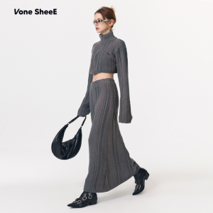 Vone SheeE甜酷辣妹双拉头水洗短款高领麻花针织上衣套装裙女秋冬