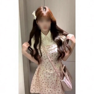 韩版甜美学院风可爱娃娃领假两件碎花连衣裙女春季收腰显瘦公主裙