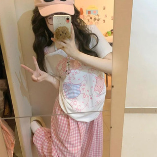hellokitty斜肩印花短袖t恤女夏季新款设计感露肩吊带上衣ins