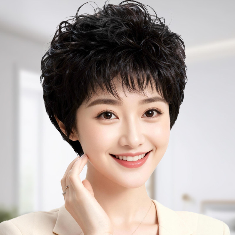 假发女全头套妈妈短卷发假发中老年真发自然逼真透气不闷头皮头套