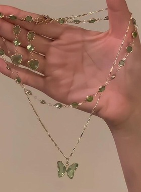 山林蜜语~森系绿色蝴蝶双层叠戴项链2024小众气质夏百搭锁骨链女