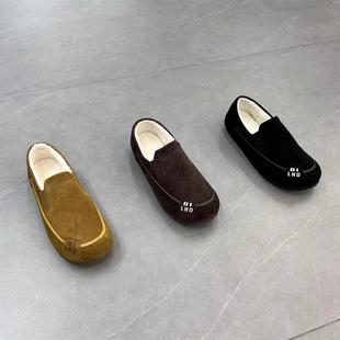 竹海女神冬季加绒保暖低帮懒人鞋一脚蹬乐福鞋男士真皮软底豆豆鞋