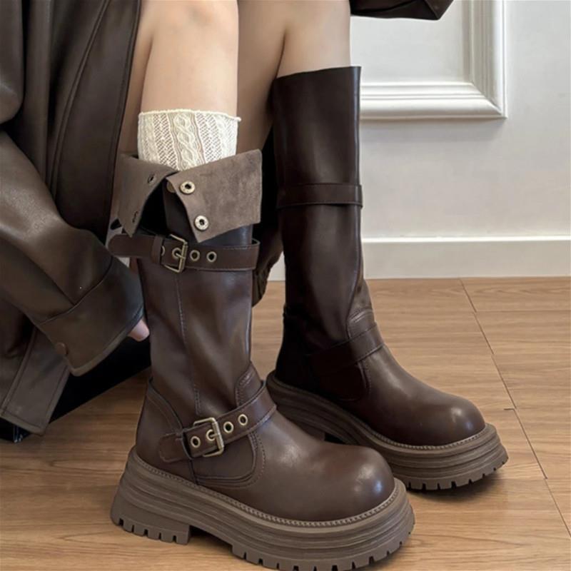 觅华轻奢女鞋店秋冬厚底美拉s德长筒高筒靴子女新款m西部牛仔骑士