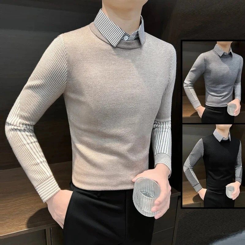 师凯服饰假两件毛衣秋冬修身衬衫领打底衣成熟条纹男士针织衫