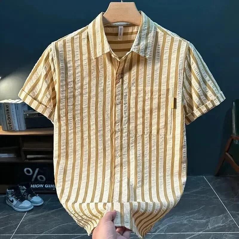 九黎世集服饰男士短袖衬衫夏条纹日系休闲上衣服潮流拼接衬衣薄款