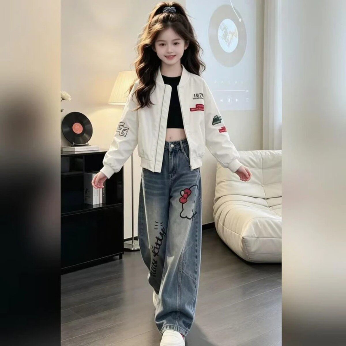 汝风祥和甄选夹克女童中大童外套春秋款炸街棒球服牛仔裤休闲套装