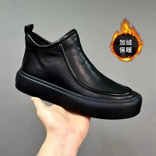 哈克男鞋秋冬皮鞋男加绒黑色皮鞋冬季皮鞋棉靴高筒纳帕纹休闲商务