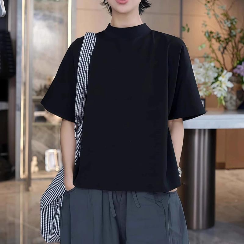 夏季宽松半高领短袖T恤女2026新款后背纽扣设计时尚洋气大码上衣