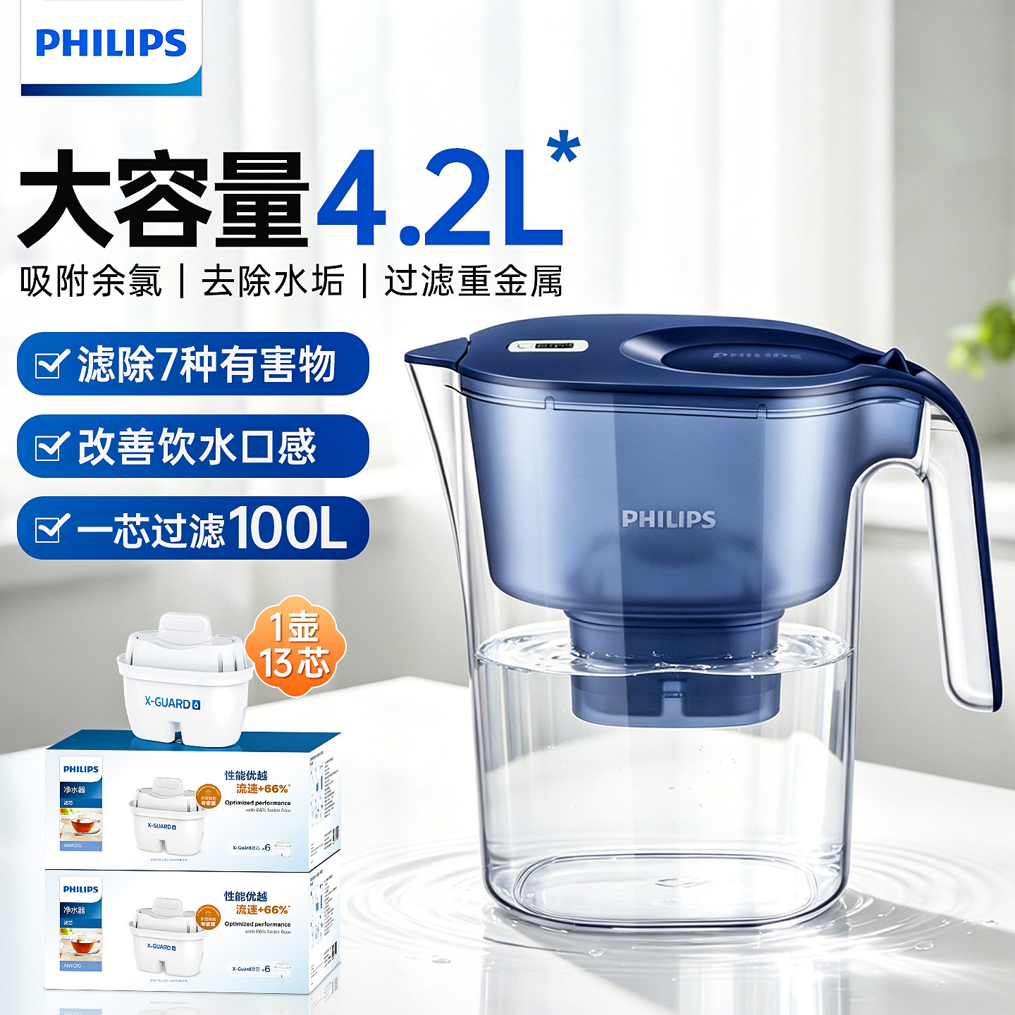 飞利浦净水壶家用滤水壶厨房自来水大容量直饮过滤净水器滤水壶