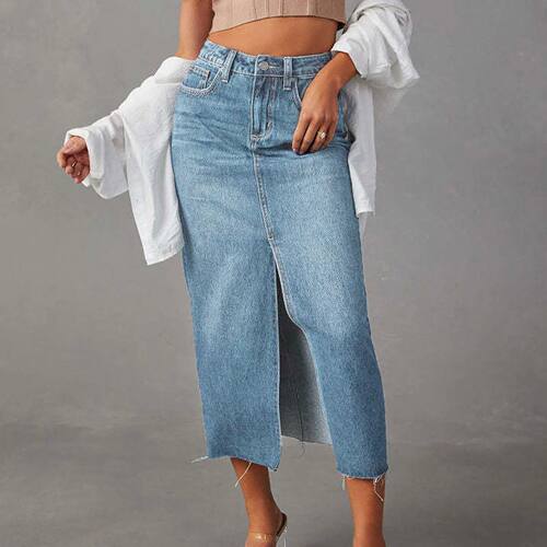 Cowboy A-line slit mid length skirt for women 牛仔开叉半身裙