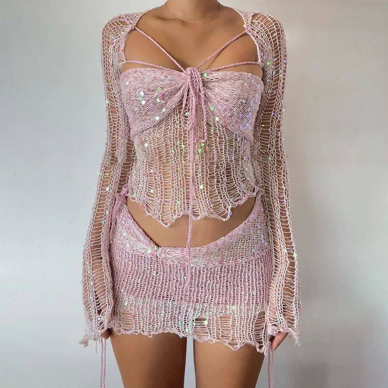 Knitted sweater perspective dress针织毛衣女士长袖透视连衣裙