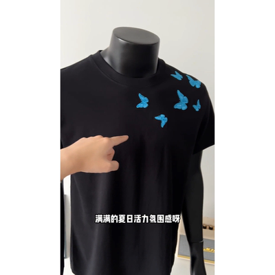 刺绣短袖t恤男生夏季小众设计感高端蝴蝶刺绣休闲重磅240纯棉半袖