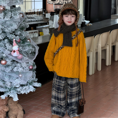 顽兔2025男童冬款韩版绞花中大童针织衫卷边宽松加厚保暖儿童毛衣