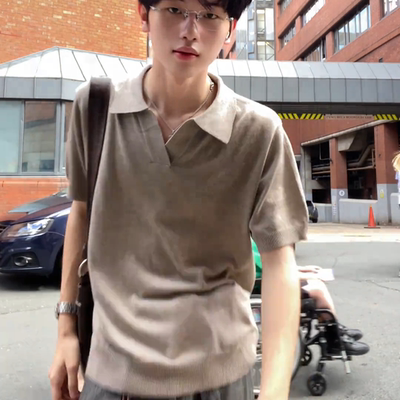 美式复古针织短袖polo衫男款夏季老钱风翻领t恤重磅衬衫领五分袖