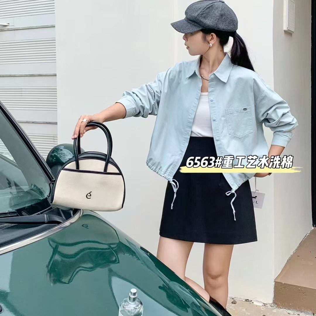 韩版小个子抽绳设计感纯色短款衬衫外套女百搭简约翻领早春上衣