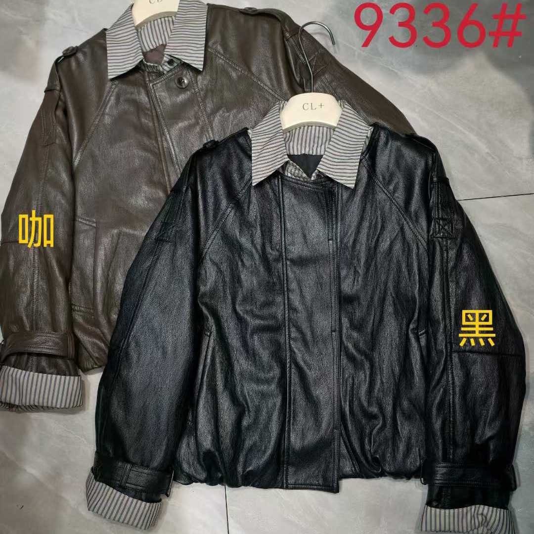 复古翻领假两件拼接PU皮衣女宽松休闲夹克外套上衣2025秋冬新品